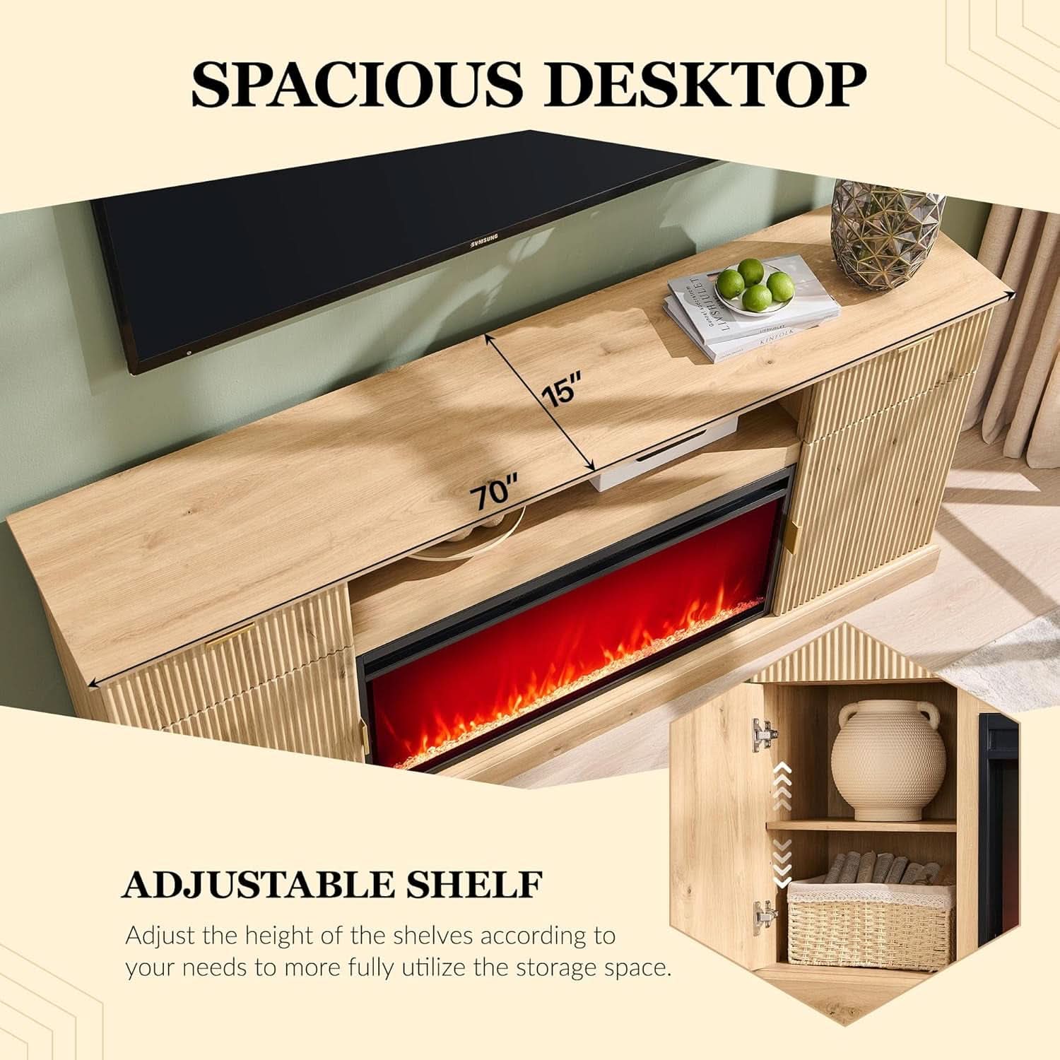 Fluted Walnut Fireplace TV Entertainment Console Drawers