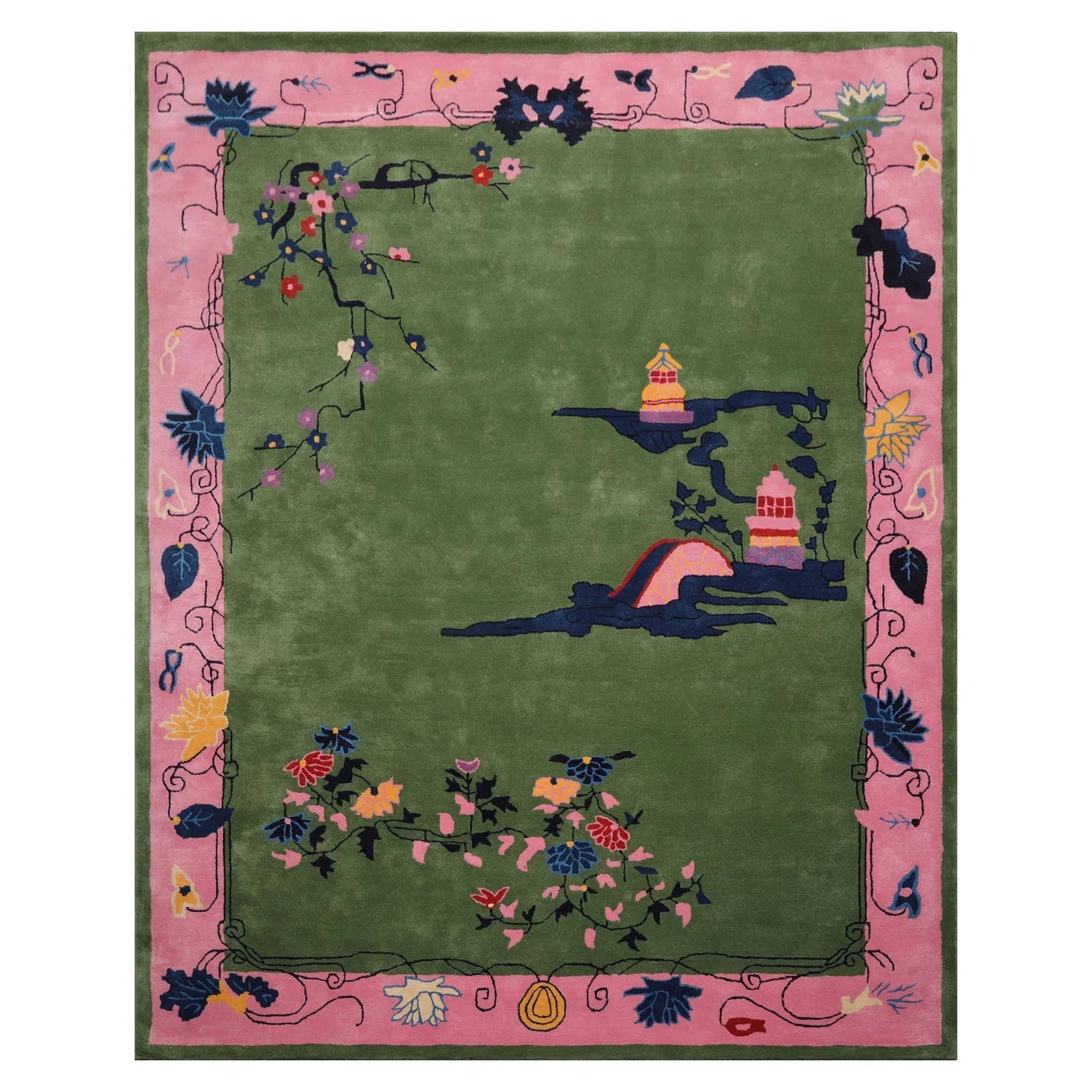 LoomBloom Multi Size Green Hand Tufted Pictorial Transitional Chinese Art Deco New Zealand Wool Oriental Area Rug