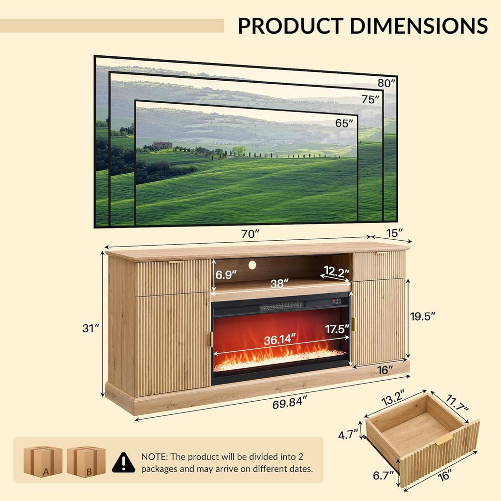Fluted Walnut Fireplace TV Entertainment Console Drawers