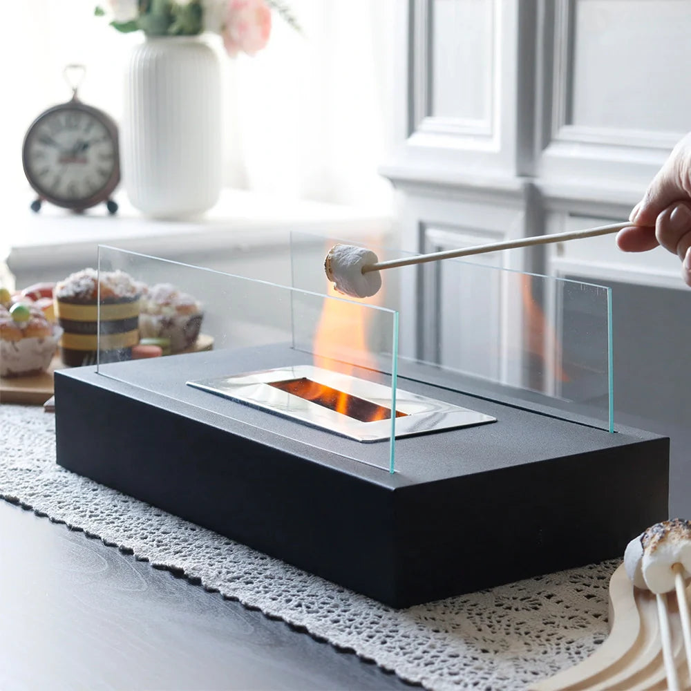 Square Tabletop Fire Bowl Pot with Two-Sided Glass